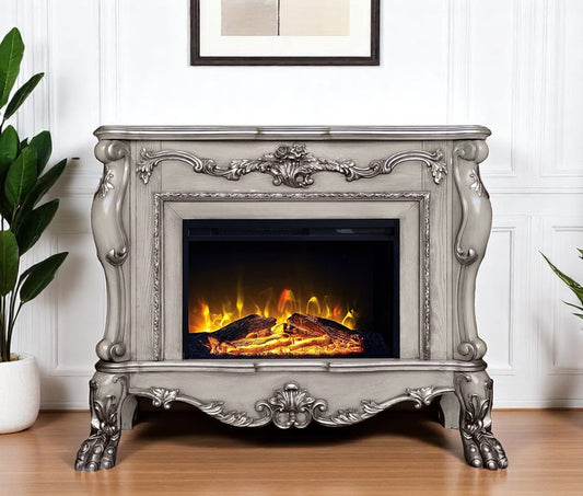 47" Bone Wood Ornate Carved Scrollwork Electric Free Standing Fireplace With Mantle