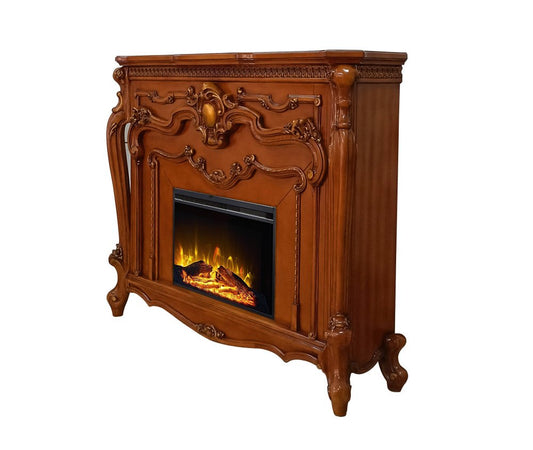 59" Brown Wood Ornate Carved Scrollwork Electric Fireplace With Mantle