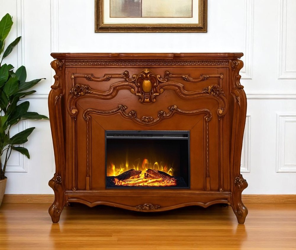 59" Brown Wood Ornate Carved Scrollwork Electric Fireplace With Mantle