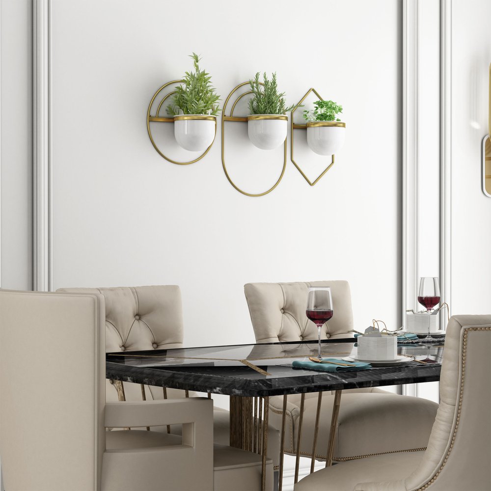 Set of Three Gold And White Metal 10 Ounce Wall Planters