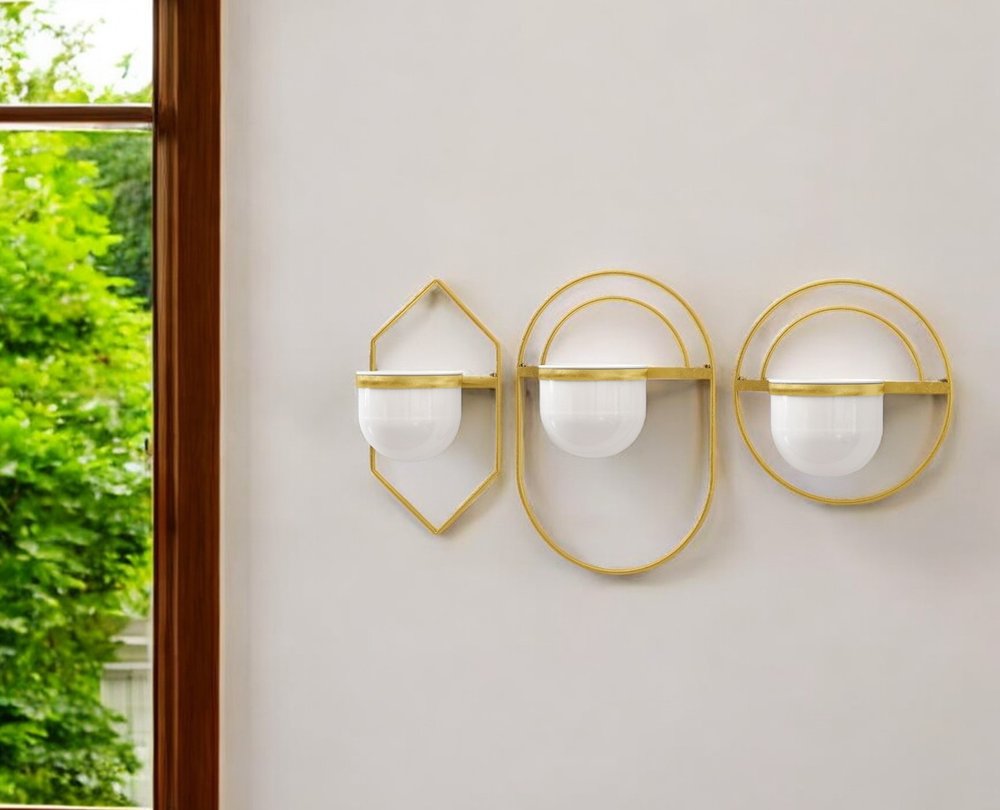 Set of Three Gold And White Metal 10 Ounce Wall Planters