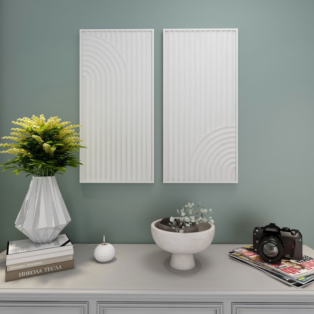 Set of Two White Metal Abstract Hanging Dimensional Sculptures