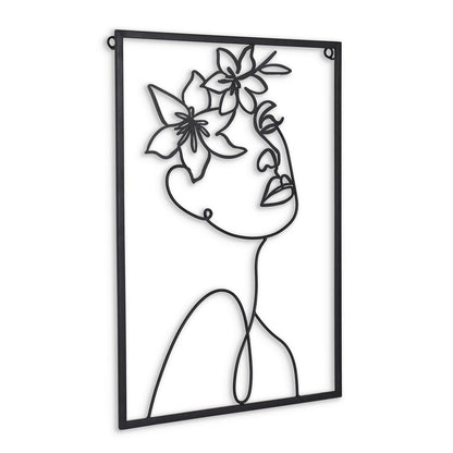 20" X 14" Black Metal Abstract Female Face Hanging Dimensional Sculpture