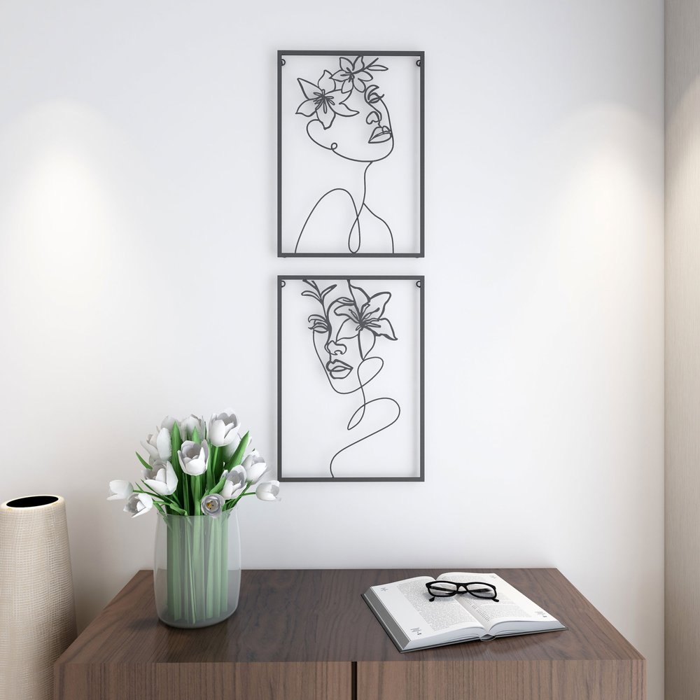 20" X 14" Black Metal Abstract Female Face Hanging Dimensional Sculpture