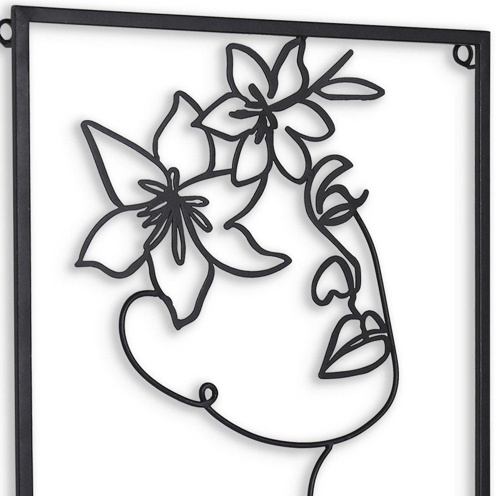 20" X 14" Black Metal Abstract Female Face Hanging Dimensional Sculpture