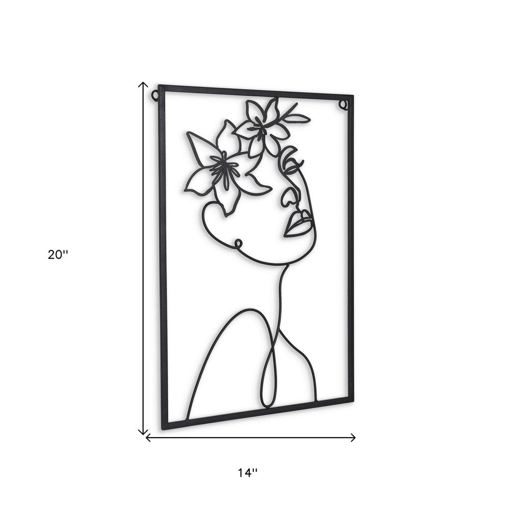 20" X 14" Black Metal Abstract Female Face Hanging Dimensional Sculpture