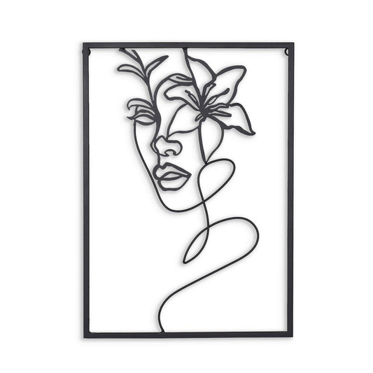 20" X 14" Black Metal Abstract Female Face Hanging Dimensional Sculpture