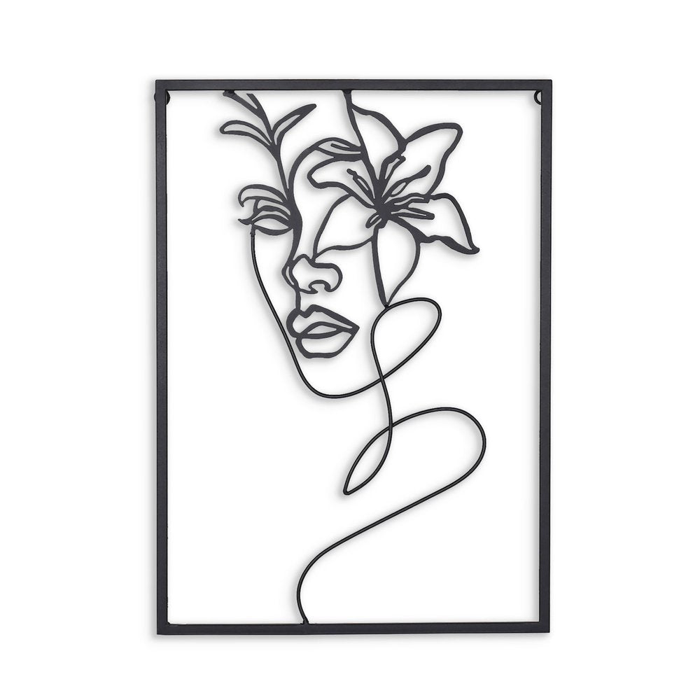 20" X 14" Black Metal Abstract Female Face Hanging Dimensional Sculpture