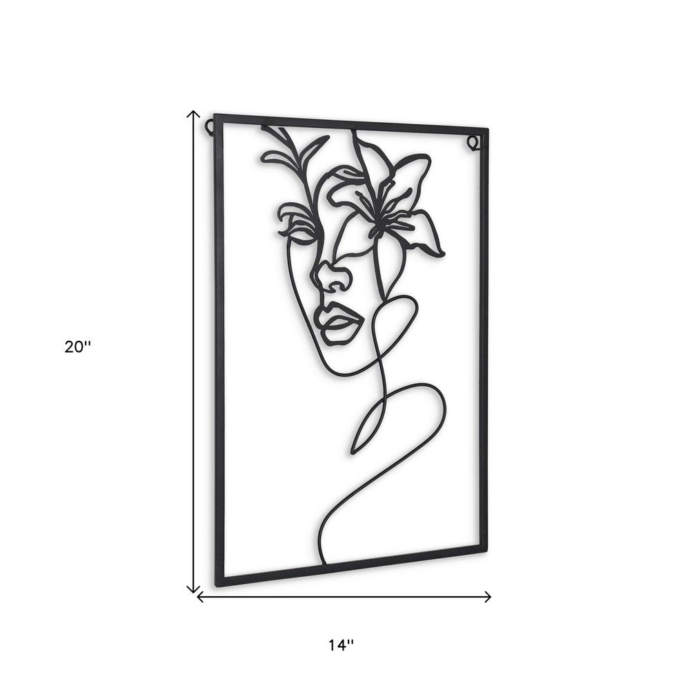 20" X 14" Black Metal Abstract Female Face Hanging Dimensional Sculpture