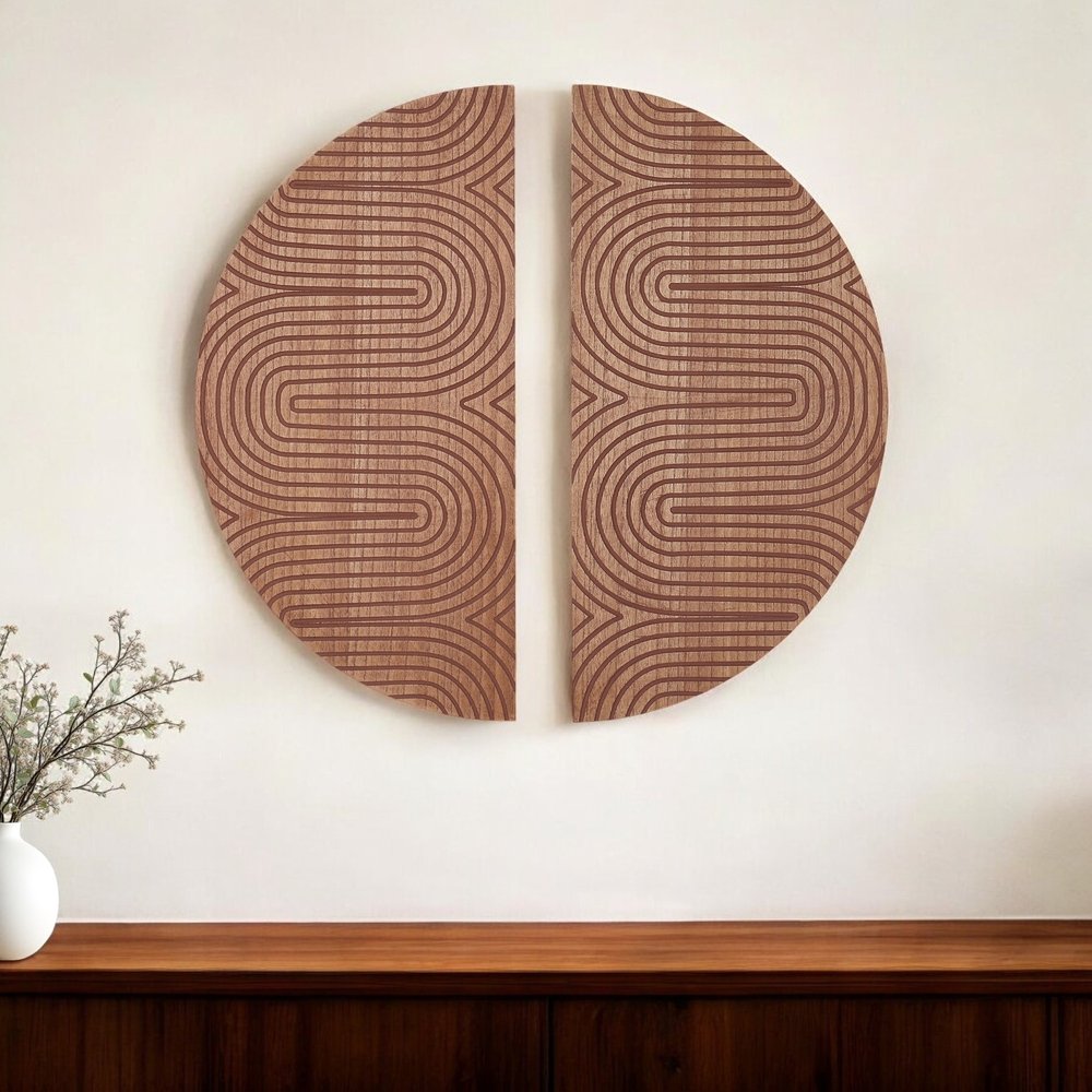 Set of Two Brown Wood Hanging Dimensional Sculpture