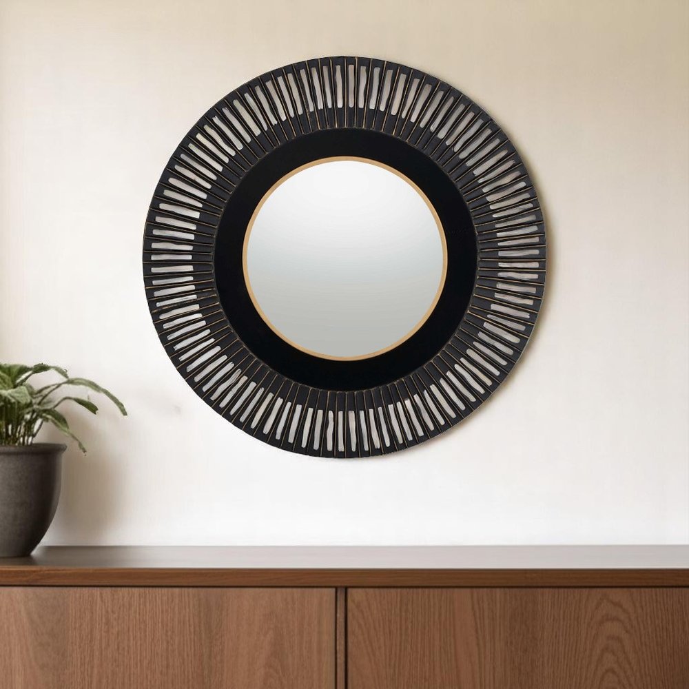 36" Black Metal Round Pierced Accent Mirror