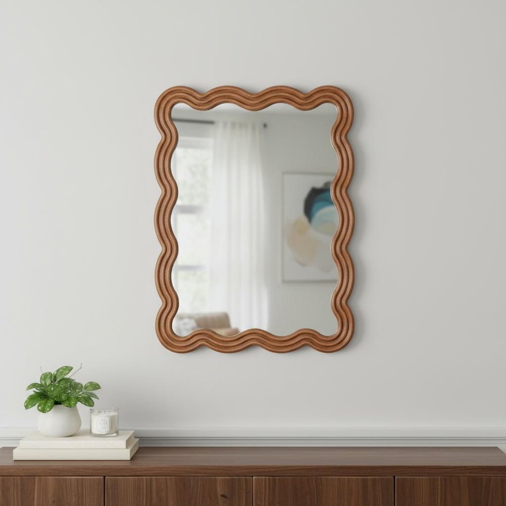 32" Brown Wood Wavy Scalloped Accent Mirror