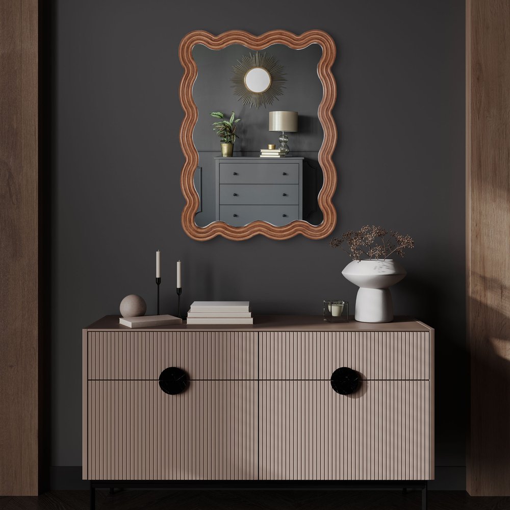 32" Brown Wood Wavy Scalloped Accent Mirror