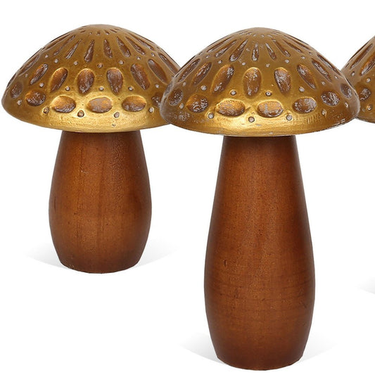 Set of Three Brown And Gold Wood Mushroom Tabletop Sculptures