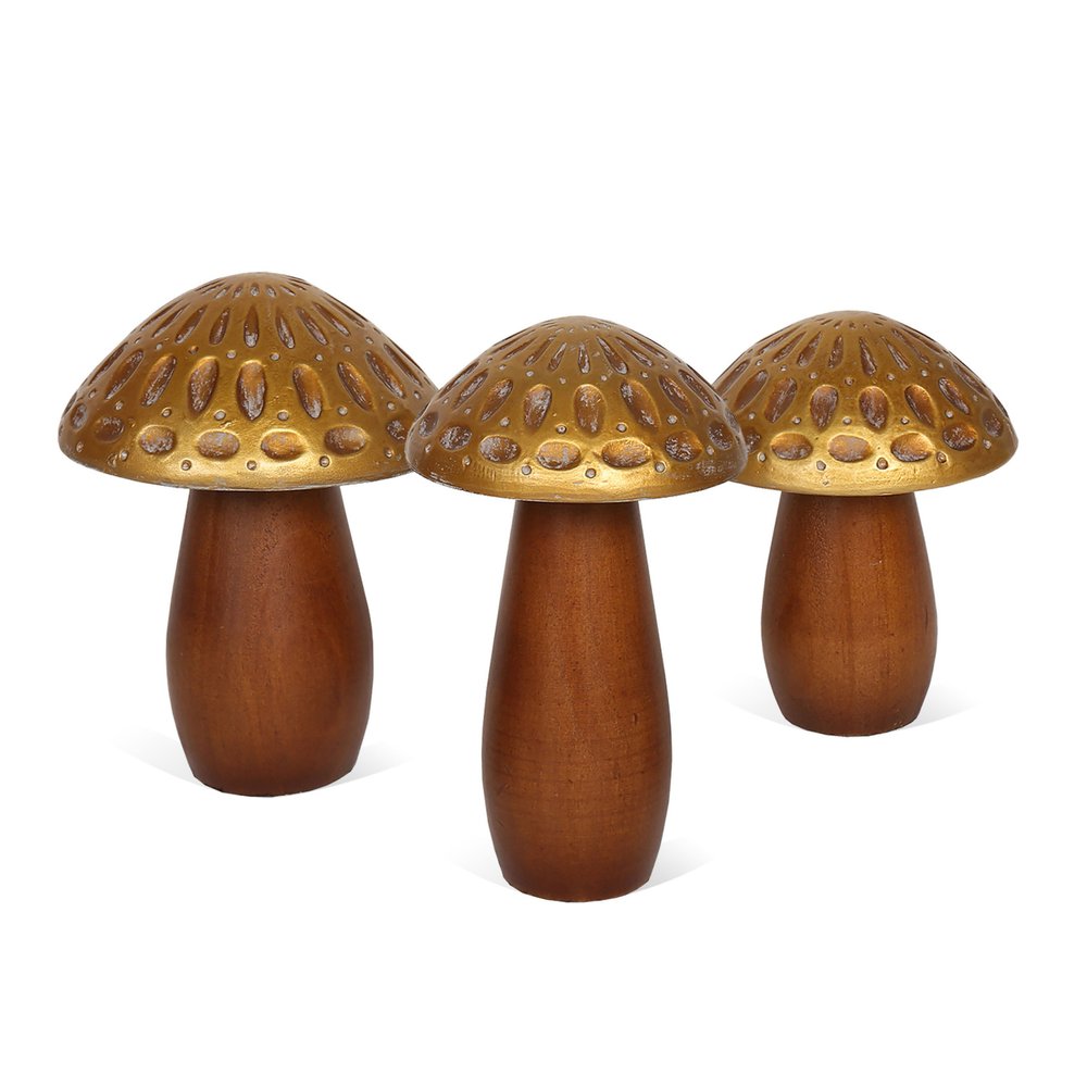 Set of Three Brown And Gold Wood Mushroom Tabletop Sculptures