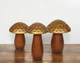 Set of Three Brown And Gold Wood Mushroom Tabletop Sculptures