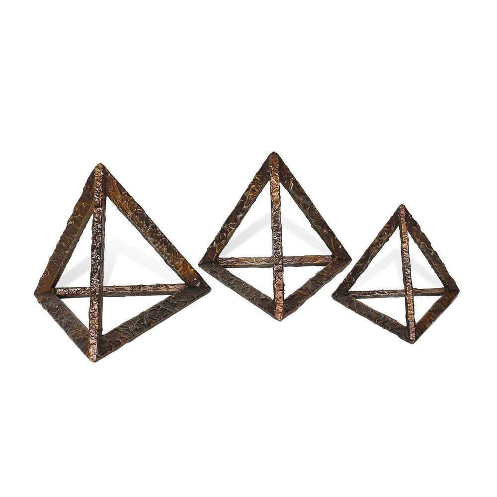 Set of Three Bronze Metal Pyramid Tabletop Sculptures