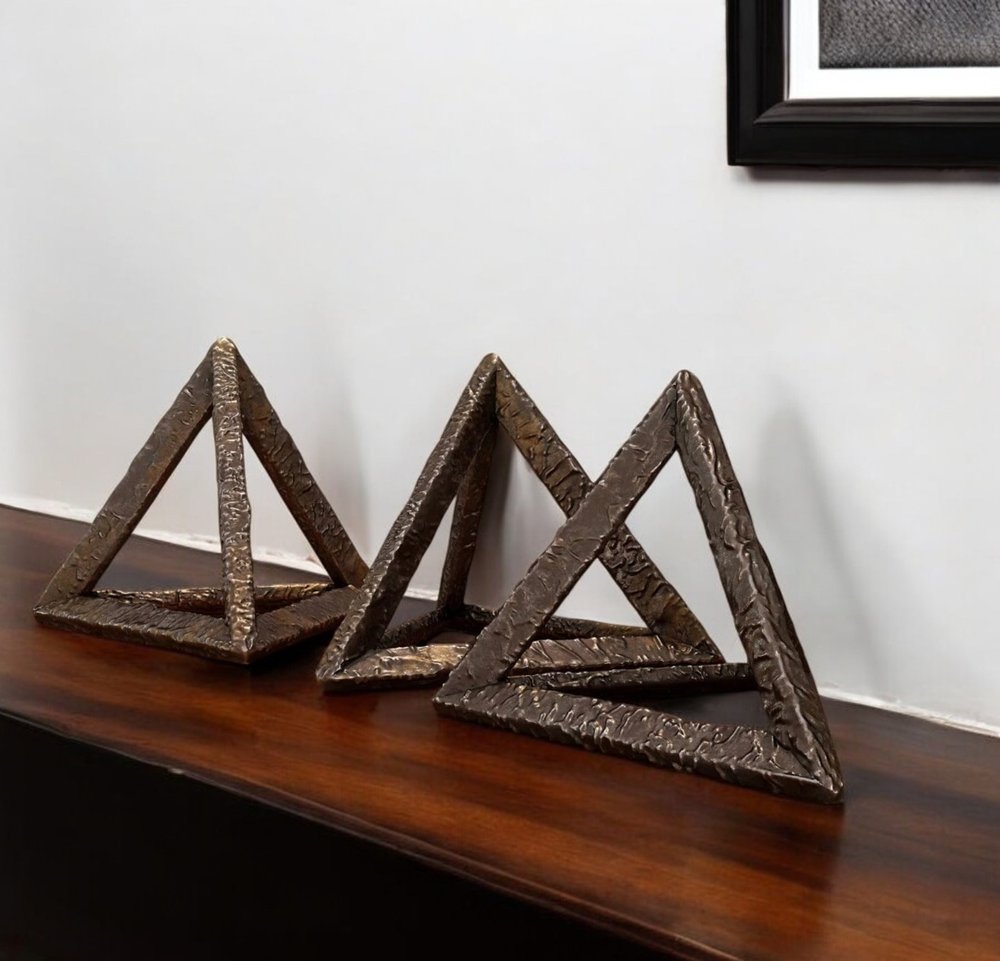 Set of Three Bronze Metal Pyramid Tabletop Sculptures