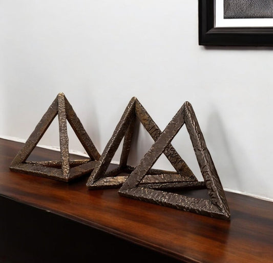 Set of Three Bronze Metal Pyramid Tabletop Sculptures