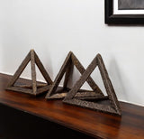 Set of Three Bronze Metal Pyramid Tabletop Sculptures