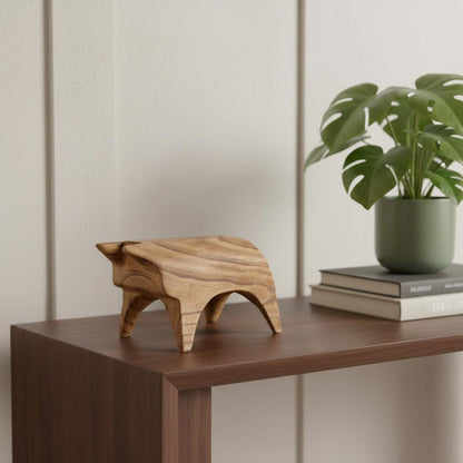 6" Brown Solid Wood Bull Tabletop Sculpture