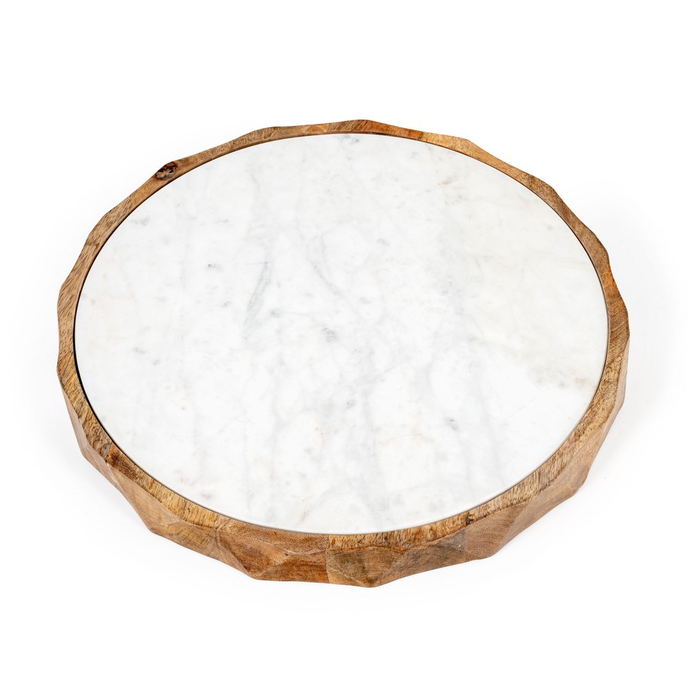 15" Brown And White Marble And Solid Wood Round Cheese Board