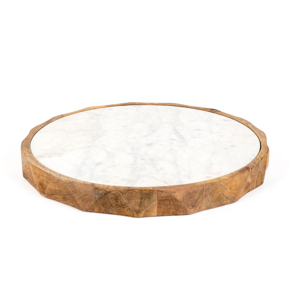15" Brown And White Marble And Solid Wood Round Cheese Board
