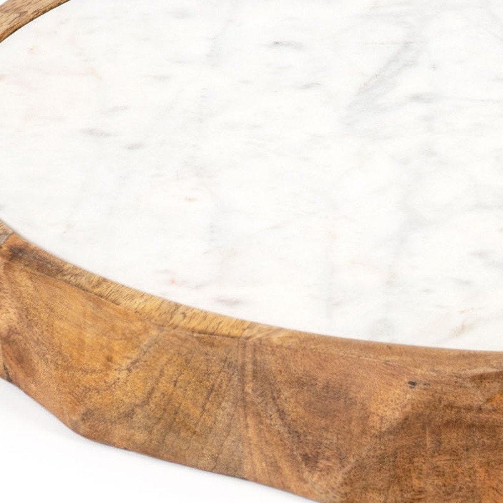 15" Brown And White Marble And Solid Wood Round Cheese Board
