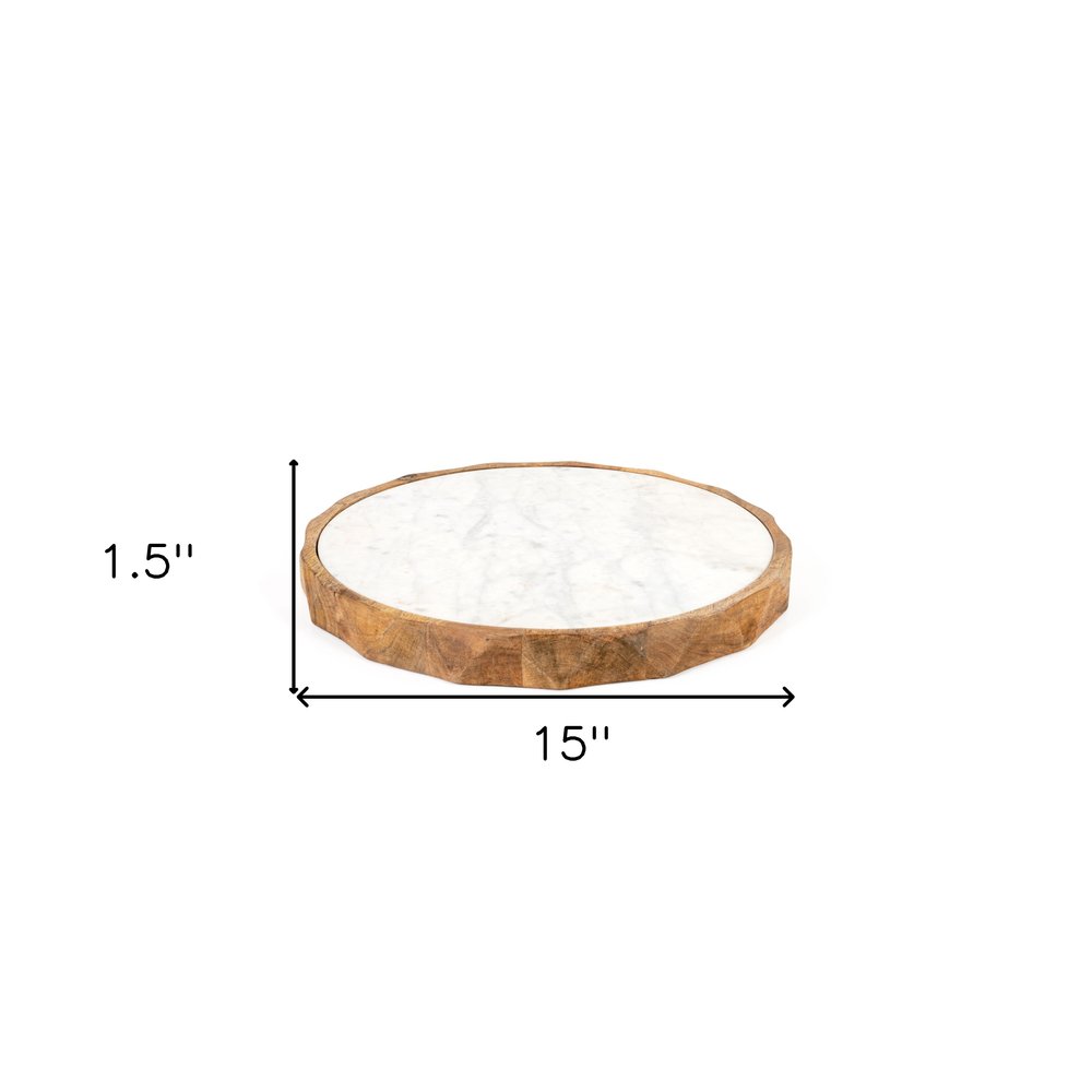15" Brown And White Marble And Solid Wood Round Cheese Board