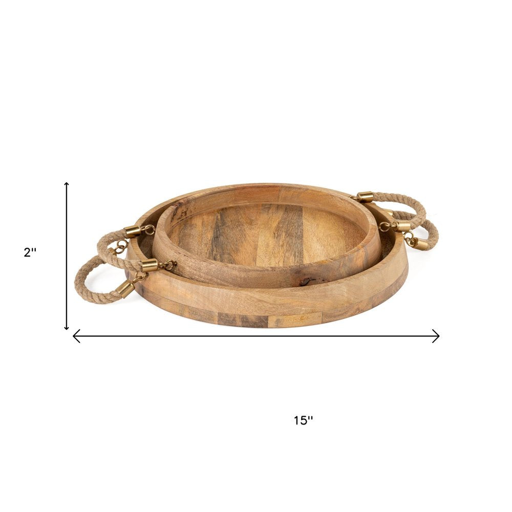 Set of Two Brown Round Solid Wood Serving Trays With Handles