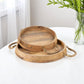 Set of Two Brown Round Solid Wood Serving Trays With Handles
