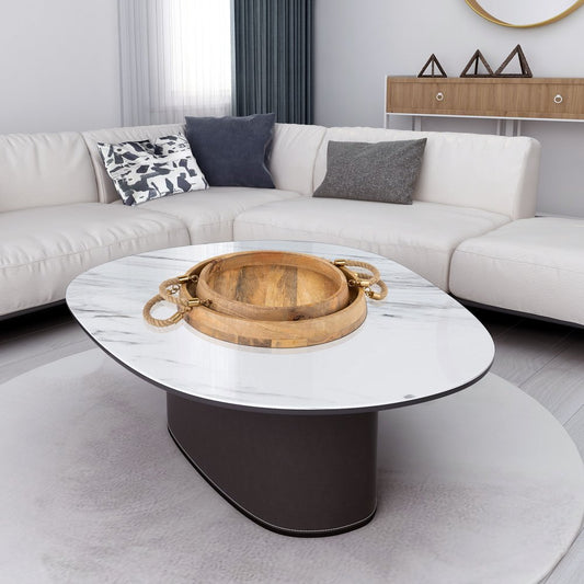 Set of Two Brown Round Solid Wood Serving Trays With Handles