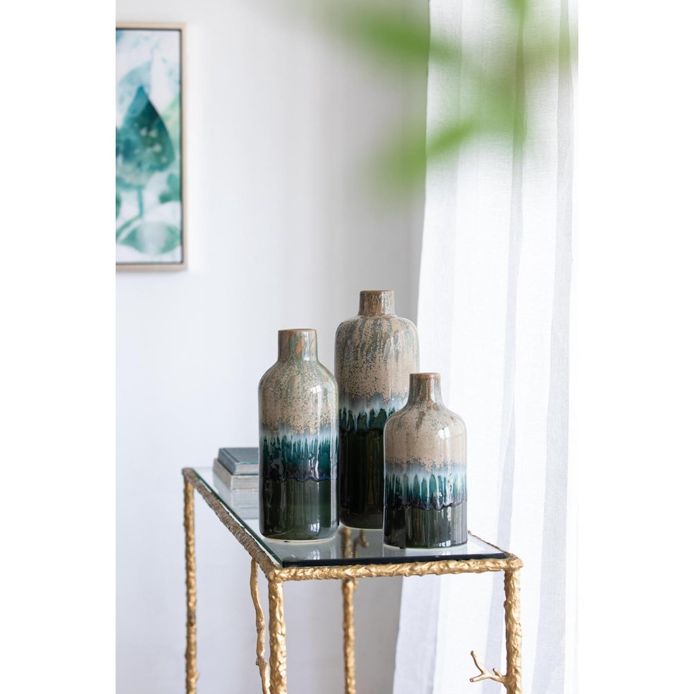 Set of Three Beige Blue And Green Round Ceramic Table Vase