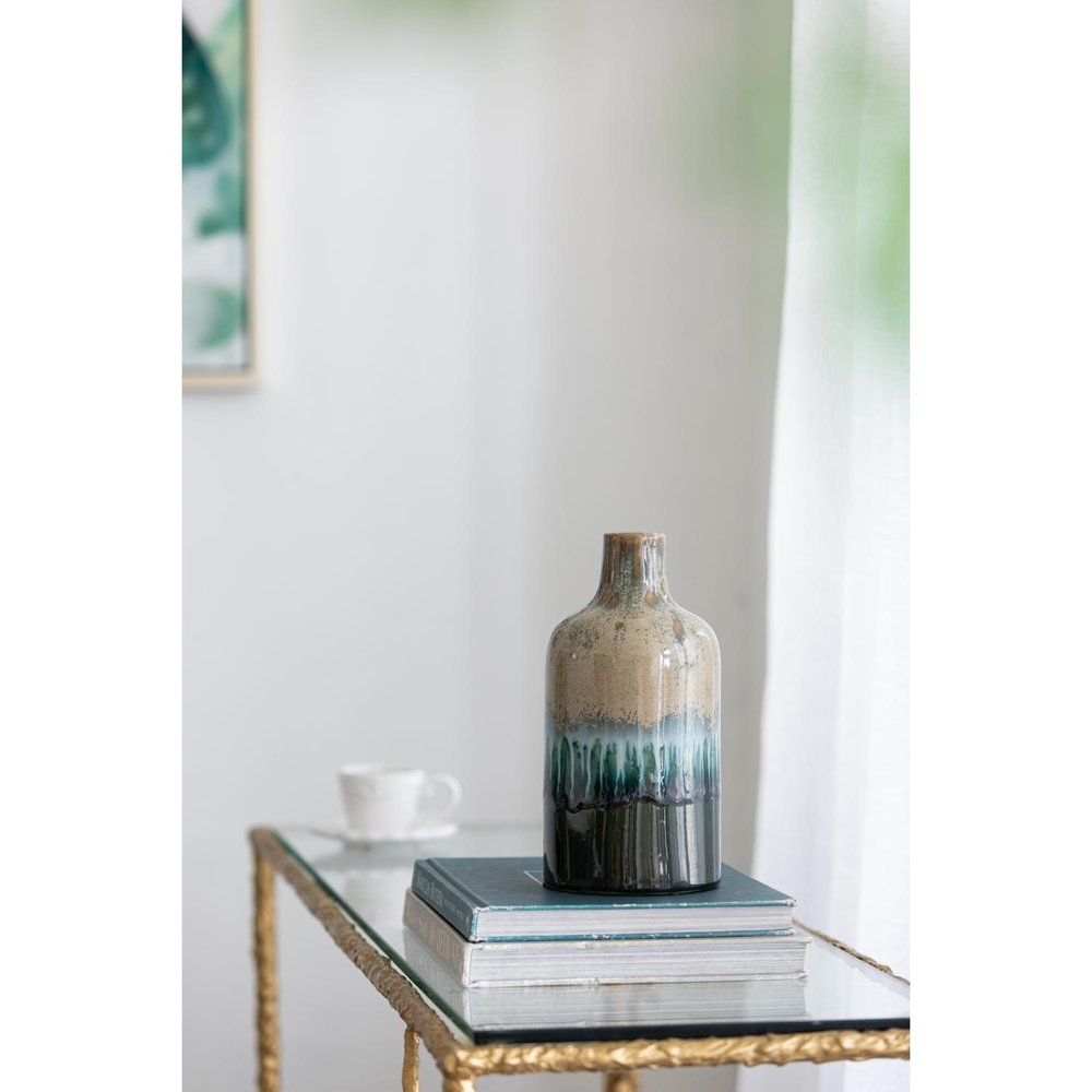 Set of Three Beige Blue And Green Round Ceramic Table Vase