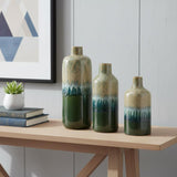 Set of Three Beige Blue And Green Round Ceramic Table Vase