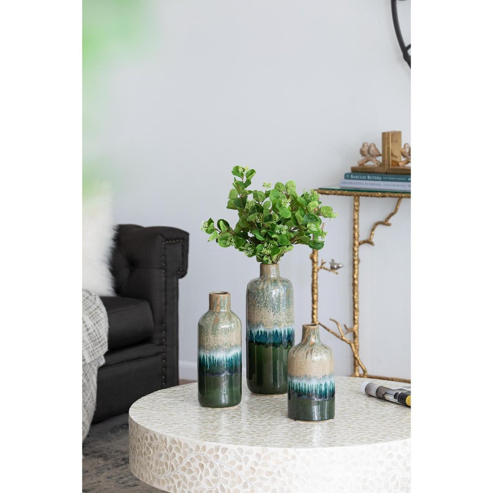 Set of Three Beige Blue And Green Round Ceramic Table Vase