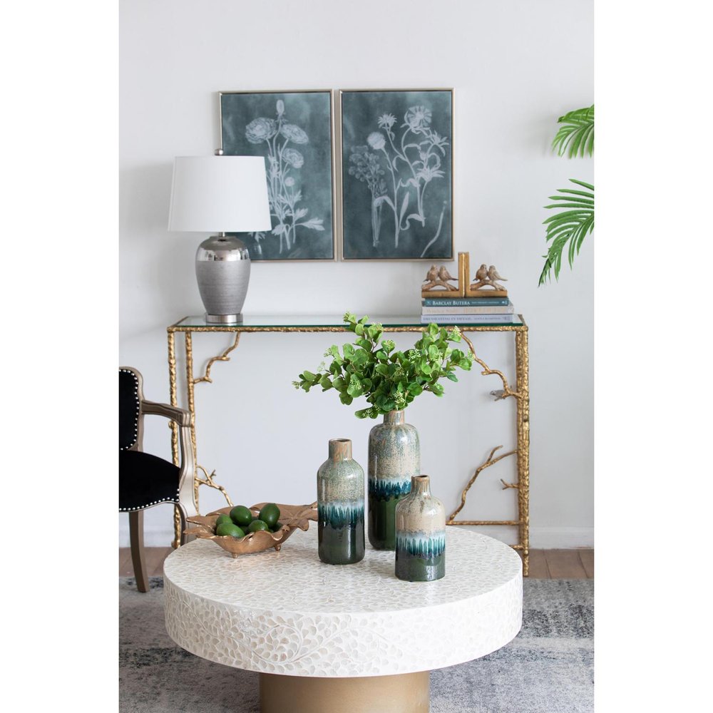 Set of Three Beige Blue And Green Round Ceramic Table Vase