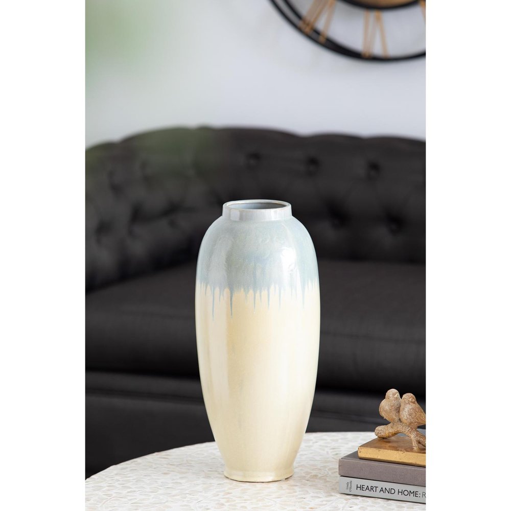 16" Blue And Cream Reactive Glaze Ceramic Cylinder Table Vase