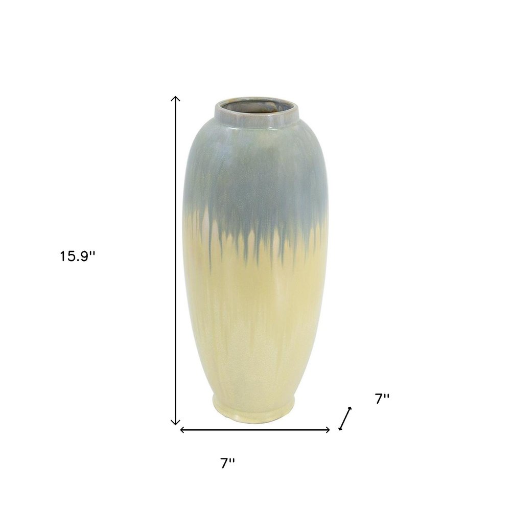 16" Blue And Cream Reactive Glaze Ceramic Cylinder Table Vase