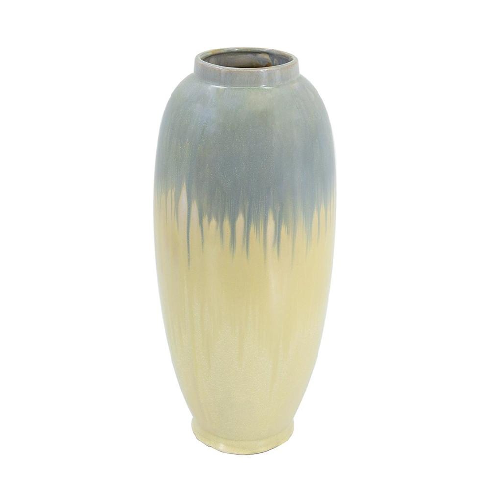 16" Blue And Cream Reactive Glaze Ceramic Cylinder Table Vase