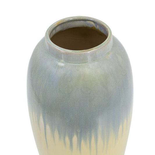 16" Blue And Cream Reactive Glaze Ceramic Cylinder Table Vase