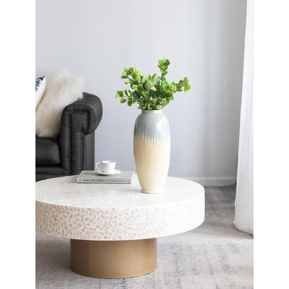 16" Blue And Cream Reactive Glaze Ceramic Cylinder Table Vase