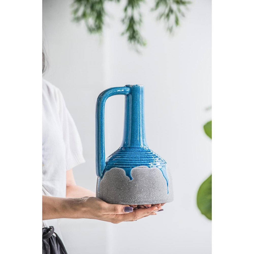 9" Blue and Gray Bud Ceramic Jug Vase With Does Not Apply