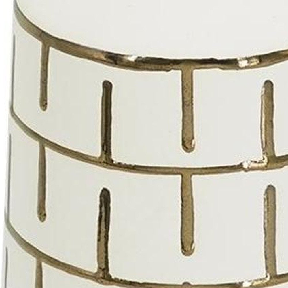 12" Ivory And Gold Geometric Cylindrical Ceramic Table Vase