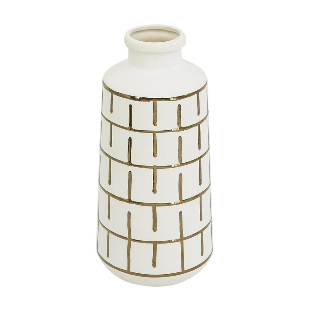 12" Ivory And Gold Geometric Cylindrical Ceramic Table Vase