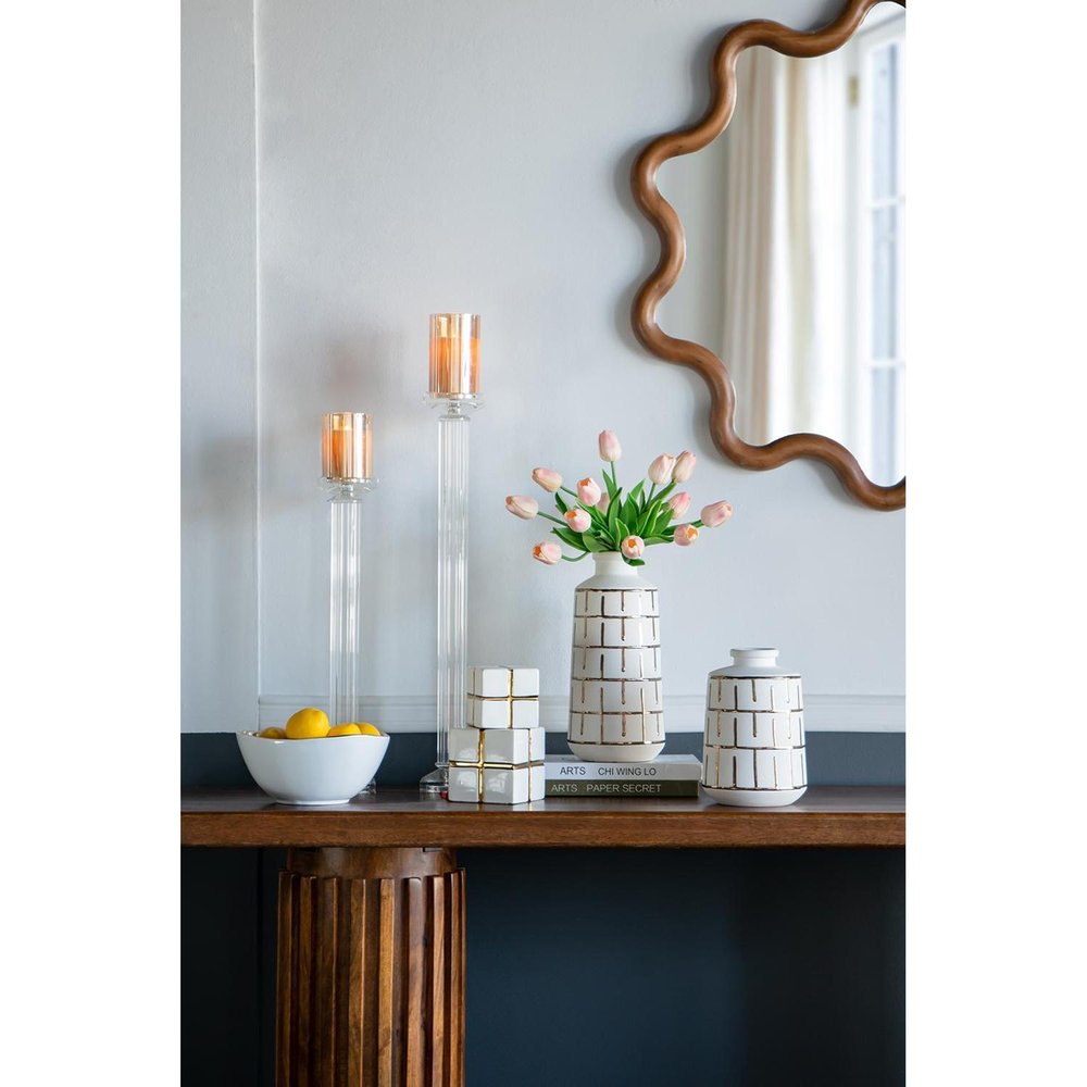 12" Ivory And Gold Geometric Cylindrical Ceramic Table Vase