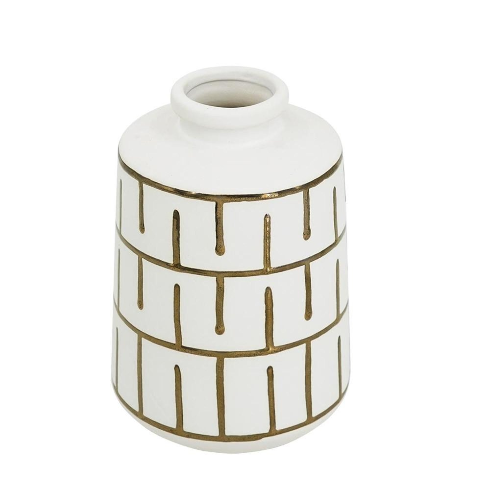 9" Ivory And Gold Geometric Round Ceramic Table Vase