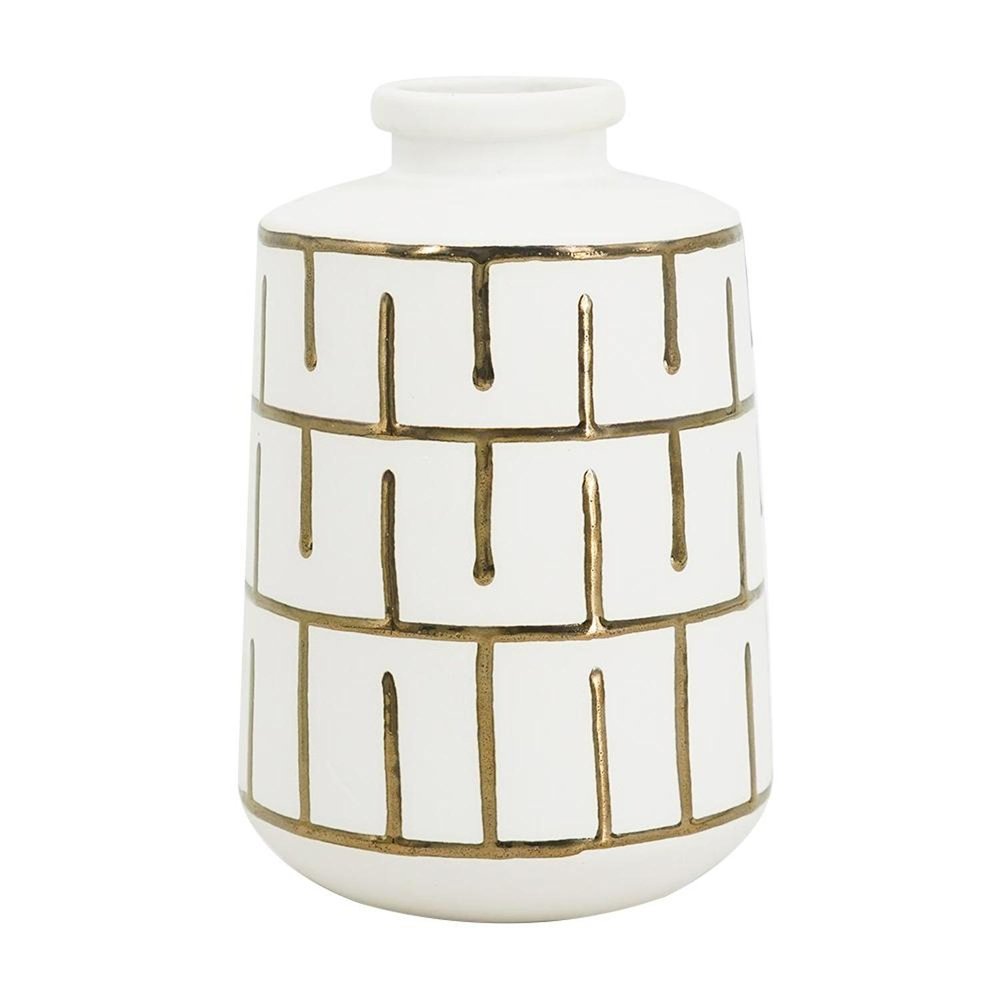 9" Ivory And Gold Geometric Round Ceramic Table Vase