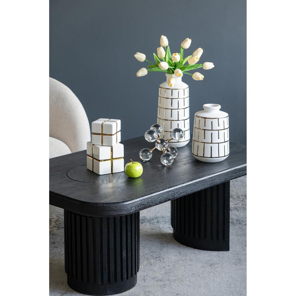 9" Ivory And Gold Geometric Round Ceramic Table Vase