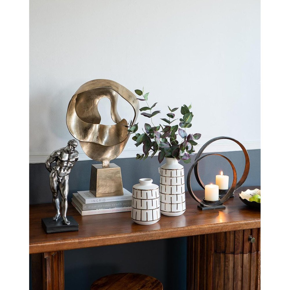 9" Ivory And Gold Geometric Round Ceramic Table Vase